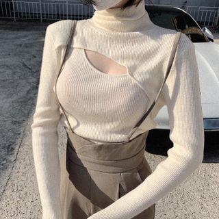 Turtleneck Plain Ribbed Cutout Knit Top