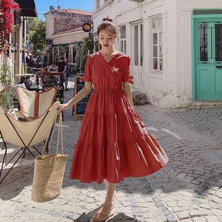 Tie-cuff V-neck Midi Tiered Dress