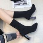 Elastic Knit Block Heel Short Boots