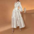 Long-sleeve Tie-waist Silky Midi A-line Dress