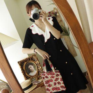 Short-sleeve Embroidered Double Breasted Knit A-line Dress Black - One Size