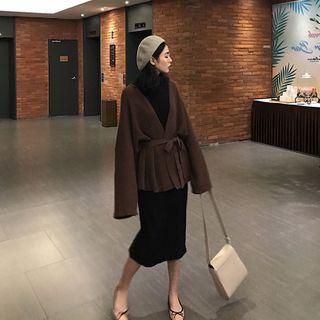 Set: Tie-waist Open Front Cardigan + Long-sleeve Knit Dress