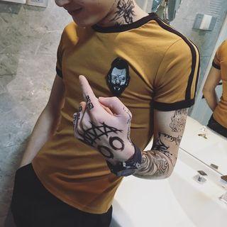 Contrast Trim Short-sleeve Cartoon Applique T-shirt