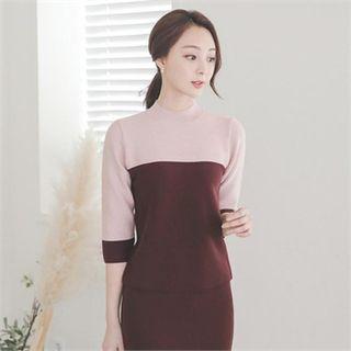 Elbow-sleeve Two Tone Knit Top