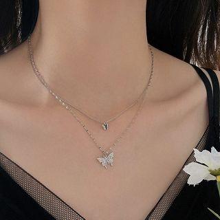 Butterfly Rhinestone Pendant Layered Choker Double Layer Choker - Silver - One Size