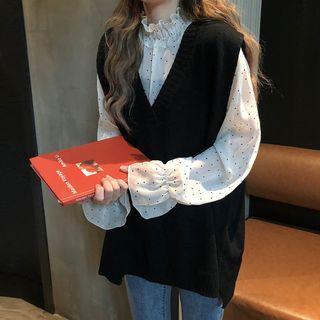 V-neck Knit Vest / Dotted Ruffle Collar Blouse
