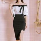 Set: Elbow-sleeve Off-shoulder Top + Slit-hem Pencil Skirt