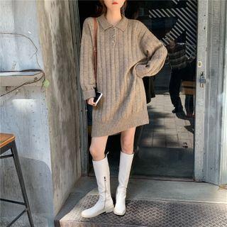 Long-sleeve Polo Collared Knit Sweater Dress