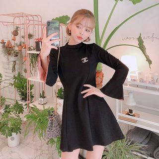 Mock-neck Bell-cuff Flared Minidress Black - One Size
