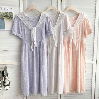 Short-sleeve Floral Midi A-line Dress With Crochet Shawl