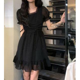 Square-neck Plain Lace Mini Dress Black - One Size