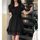 Square-neck Plain Lace Mini Dress Black - One Size