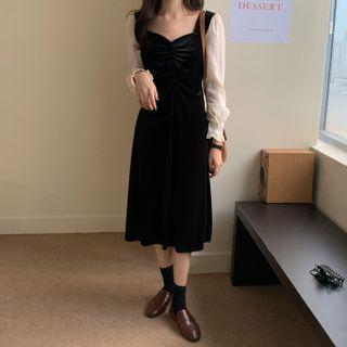 Long-sleeve Two Tone Midi Dress Black - One Size