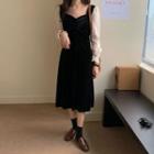 Long-sleeve Two Tone Midi Dress Black - One Size