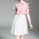 Set: Plain Elbow-sleeve Blouse + A-line Skirt