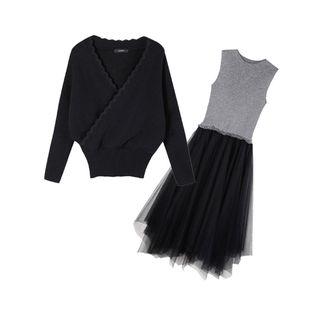 Set: V-neck Sweater + Mesh Overlay Midi Knit Tank Dress