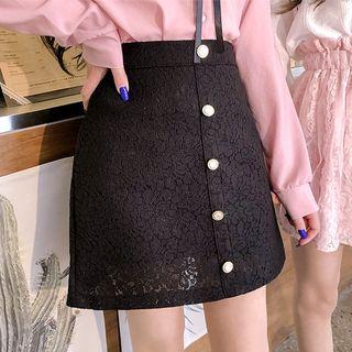 Button-trim A-line Lace Miniskirt