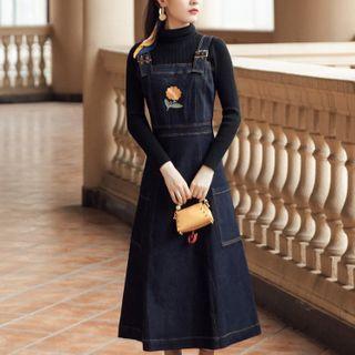 Set: Turtleneck Knit Top + Denim Jumper Dress