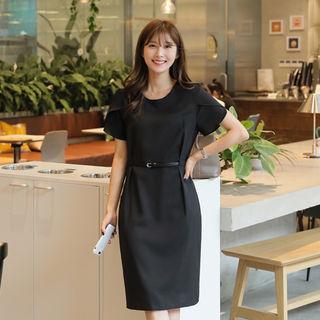 Petal-sleeve Pintuck-trim Dress With Belt