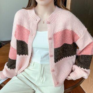 Color Block Cardigan Thicken - Pink - One Size