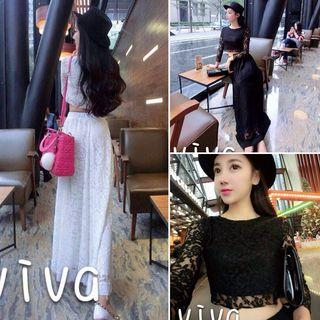 Set: 3/4-sleeve Lace Panel T-shirt + Lace Maxi Skirt
