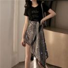 Set: Chain-accent Short-sleeve Top + Rhinestone Skirt