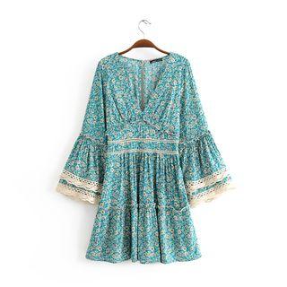 Floral Print Crochet Trim Mini A-line Dress