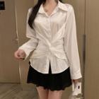 Long-sleeve Plain Shirt With Sash / Pleated Mini Skirt