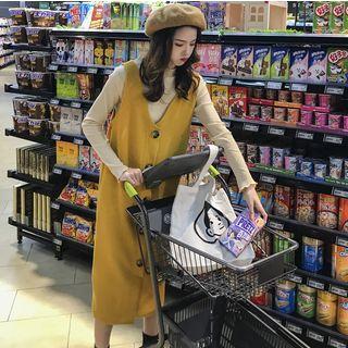 Long-sleeve Lettuce Edge T-shirt / Buttoned V-neck Jumper Dress