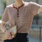 Elbow Sleeve Striped Henley Knit T-shirt