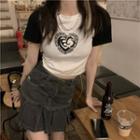 Short-sleeve Color-block Print Cropped T-shirt / Denim Mini Skirt
