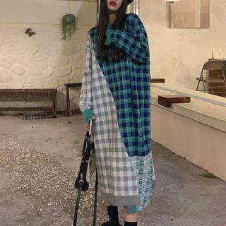 Color Block Plaid Knit Midi Shift Dress Plaid - Blue & Gray - One Size