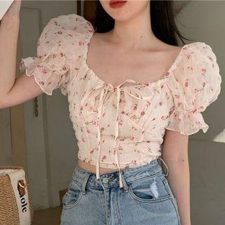 Puff-sleeve Floral Bow Accent Cropped Shirt Beige - One Size