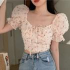 Puff-sleeve Floral Bow Accent Cropped Shirt Beige - One Size