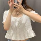 Puff-sleeve Eyelet Lace Top / Strappy A-line Mini Pinafore Dress