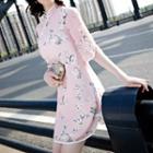 Elbow-sleeve Floral Print Mini Qipao Dress
