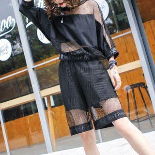 Set: Fishnet Elbow-sleeve Top + Knee Length Shorts