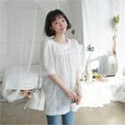 Short-sleeve Shirred Fringed Lace Top