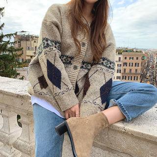 Drop-shoulder Argyle Knit Cardigan Beige - One Size