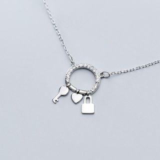 925 Sterling Silver Rhinestone Lock & Key Pendant Necklace Necklace - One Size