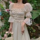 Puff-sleeve Shirred Midi A-line Dress Off-white - One Size