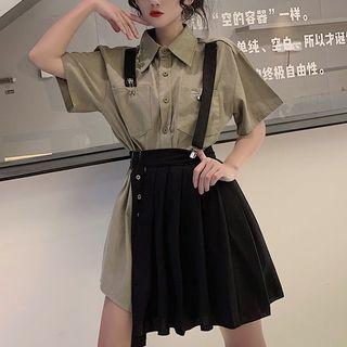Short Sleeve Shirt Dress / Pleated Skirt