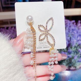 Butterfly Rhinestone Faux Pearl Asymmetrical Fringed Earring E0477 - Butterfly Earring - Gold - One Size