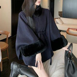 Furry-trim Wool Cape Top