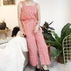Sleeveless Tie-waist Gingham Cropped Jumpsuit
