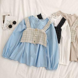 Set Of 2: Plain Long-sleeve Blouse + Plaid Sleeveless Crop Top