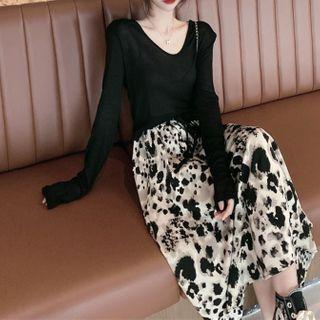 Set: Long-sleeve V-neck T-shirt + Leopard Print A-line Midi Skirt