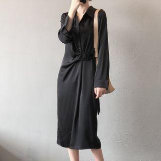 Long-sleeve Belt-waist Maxi Dress