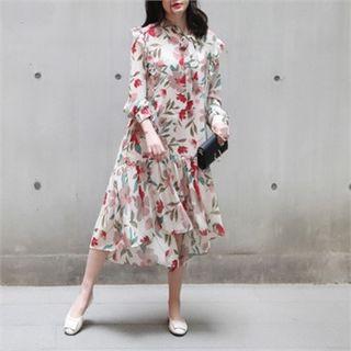 Ruffle-trim Beribboned Long Floral Dress