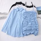 Set: Ruched Sleeveless Mini Dress + Loose-fit Plain Shirt